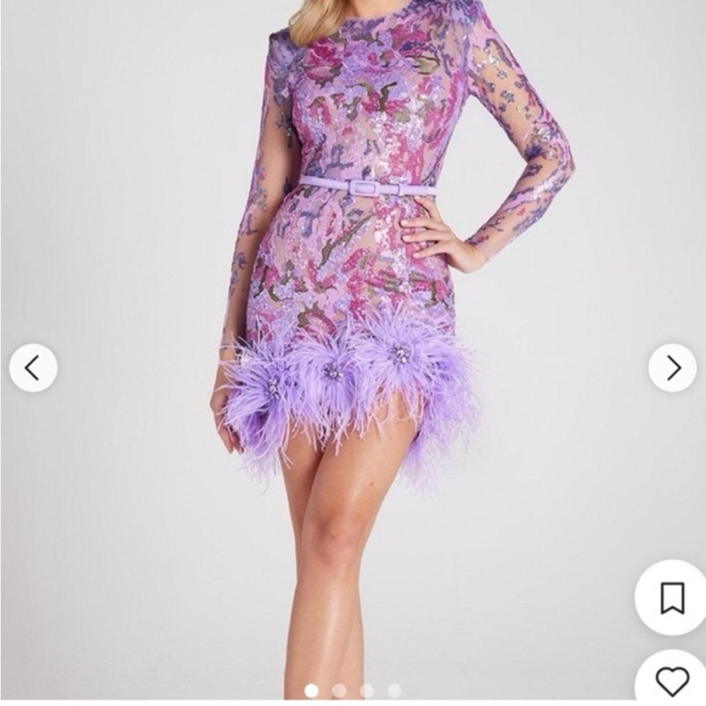 NADINE MERABI Purple Lace Mini Dress with Feather Accents